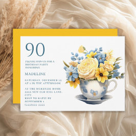 Convites Teacup Yellow Blue Flowers 90 Birthday