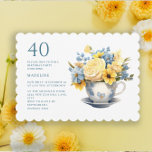 Convites Teacup Yellow Blue Flowers aniversário de 40 anos<br><div class="desc">convite de festas aniversário de 40 anos projetado com um bonito pequeno teacup com flores azuis e amarelas. Este convite pode ser adquirido impresso ou como convite digital para compartilhar com a família e os amigos nas mídias sociais ou por e-mail. Entre em contato comigo para obter assistência com suas...</div>