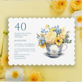 Convites Teacup Yellow Blue Flowers aniversário de 40 anos