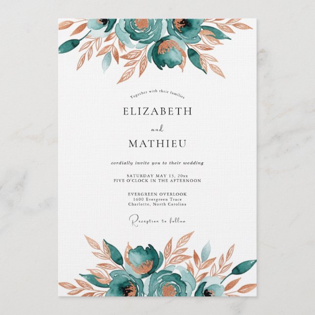 Convites Teal Abstract Floral Romance Wedding (Frente)