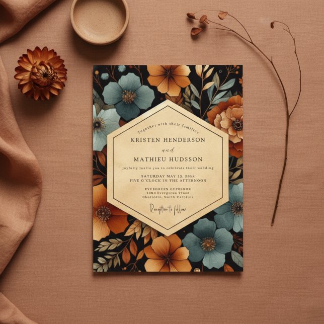 Convites Teal Amber Floral Autumn Wedding (Criador carregado)