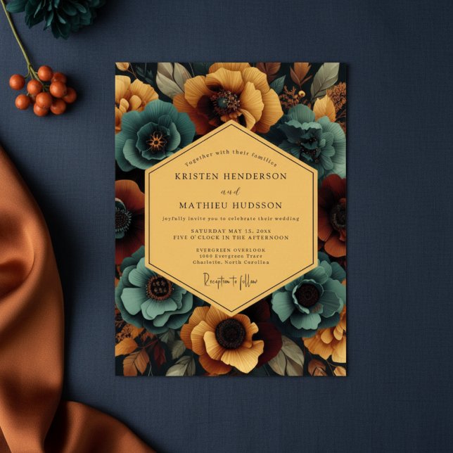 Convites Teal Amber Floral Nocturne Wedding (Criador carregado)