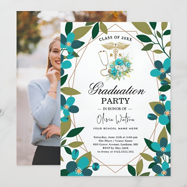 Convites Teal and Gold Floral RN Graduation Invitation | Nu (Criador carregado)