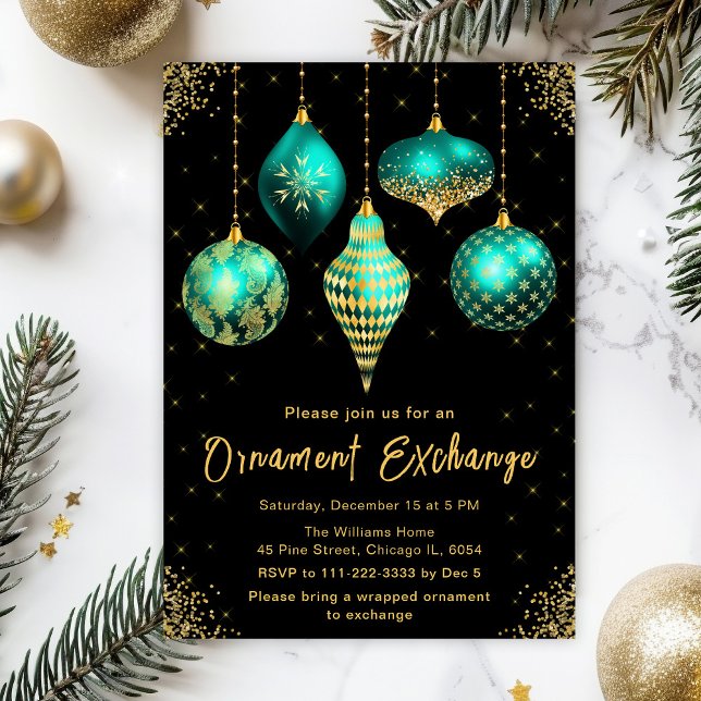 Convites Teal and Gold Ornament Exchange Party (Criador carregado)