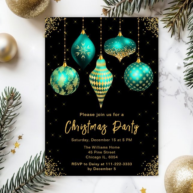Convites Teal and Gold Ornaments Christmas Party (Criador carregado)