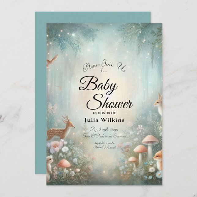 Convites Teal and Peach Enchanted Forest Baby Shower (Frente/Verso)