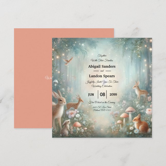 Convites Teal and Peach Enchanted Forest Wedding (Frente/Verso)