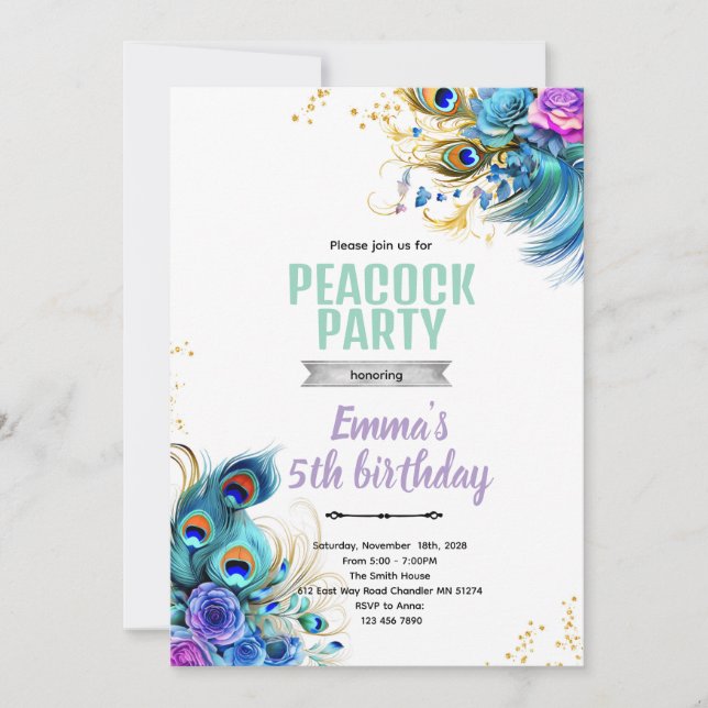 Convites Teal and Purple Peacock theme invite (Frente)
