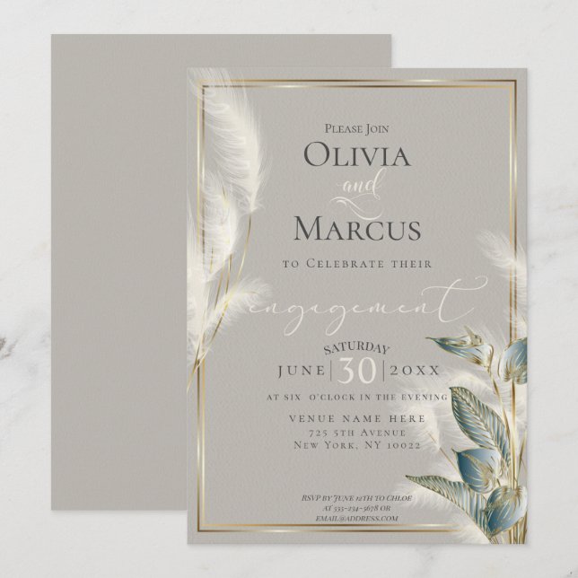 Convites Teal Anthurium Feathery Pampas Noivado Grass (Frente/Verso)