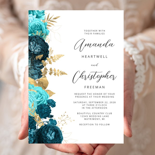 Convites Teal Aqua Floral Gold Script Wedding (Criador carregado)