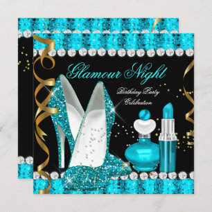 Convites Teal aqua Glamor Noite Dourado Preto