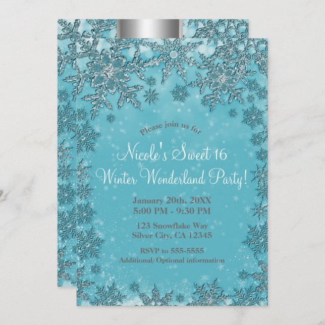 Convites Teal Aqua Snowflakes, Winter Wonderland Party (Frente/Verso)