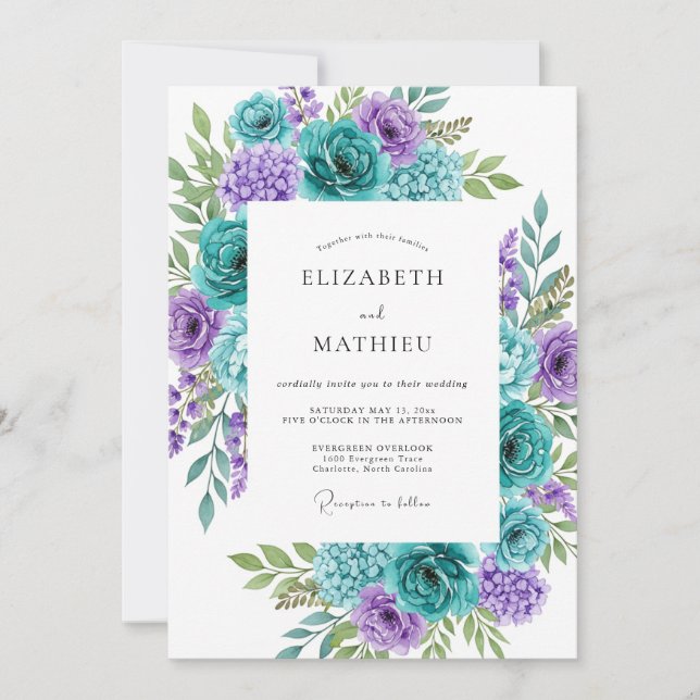 Convites Teal Aqua Vibrant Botanical Wedding (Frente)