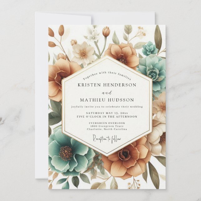 Convites Teal Autumn Bloom Wedding (Frente)