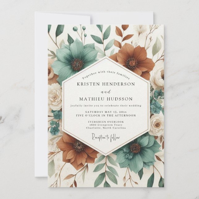 Convites Teal Autumnal Botanical Bloom Wedding (Frente)