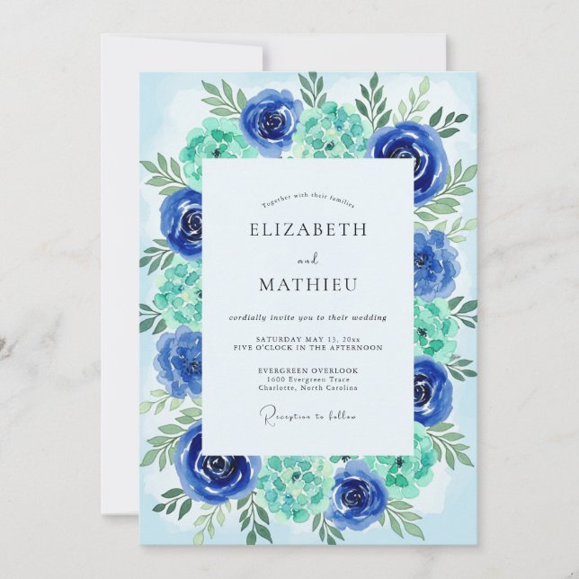 Convites Teal Azure Painterly Coastal Wedding (Frente)
