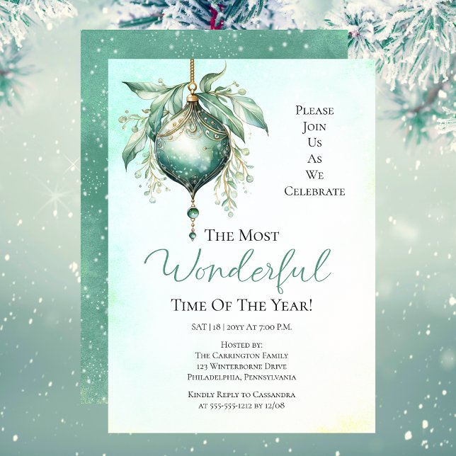 Convites Teal Bauble, Festa de Ano Mais Maravilhoso (Elegant Teal Bauble "The Most Wonderful Time Of The Year" Christmas Holiday Party Invitation)