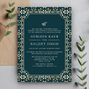 Convites Teal bege escuro Ikat Anand Karaj Casamento Sikh
