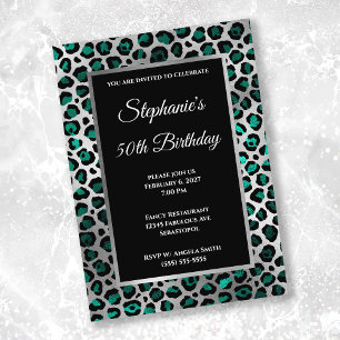 Convites Teal Black and Silver Leopard Glam 50º Aniversário