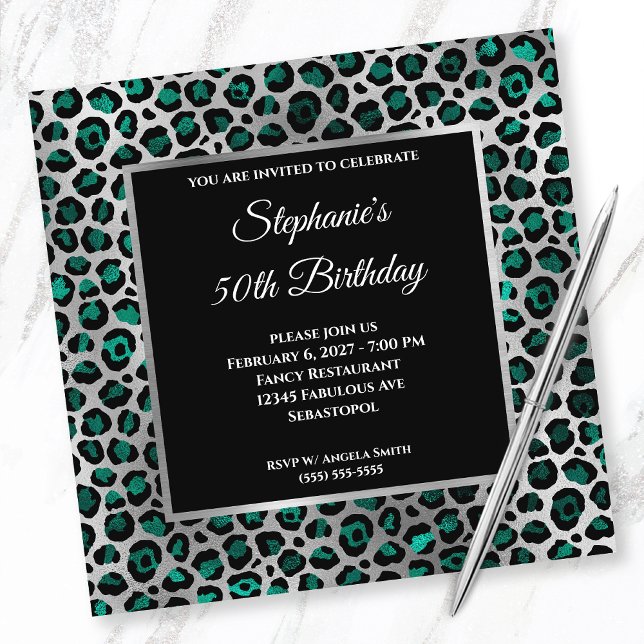 Convites Teal Black and Silver Leopard Glam 50º Aniversário (Criador carregado)