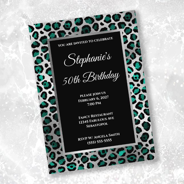 Convites Teal Black and Silver Leopard Glam 50º Aniversário (Criador carregado)