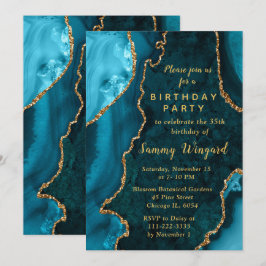 Convites Teal Blue and Gold Agate Marble Birthday Party