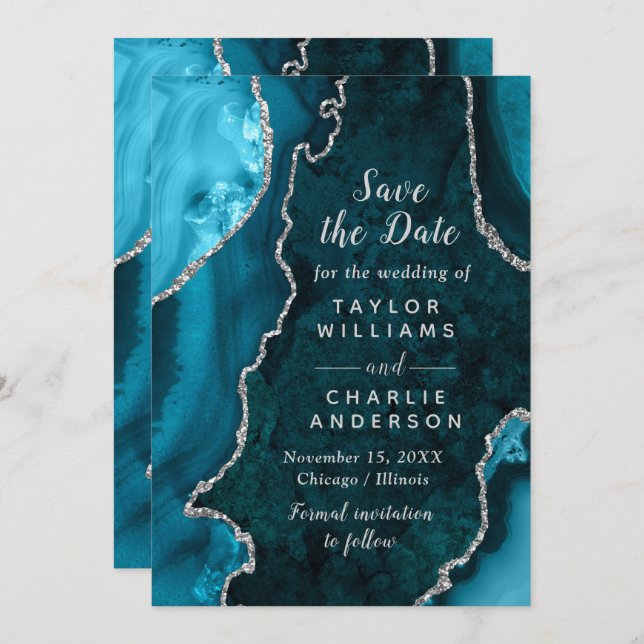 Convites Teal Blue and Silver Agate Marble Save The Date (Frente/Verso)