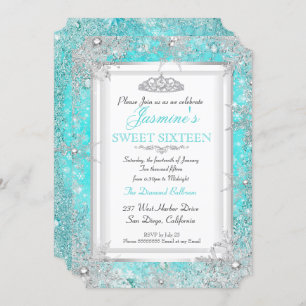 Convites Teal Blue Aqua Silver Winter Wonderland Sweet 16