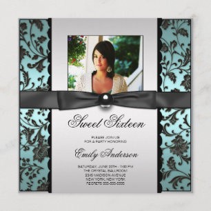 Convites Teal Blue Black Damask Foto Sweet 16 Party