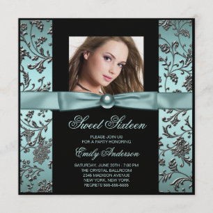 Convites Teal Blue Black Damask Foto Sweet 16 Party