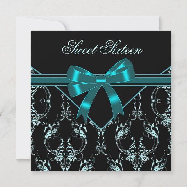 Convites Teal Blue Black Damask Sweet 16 Party (Frente)