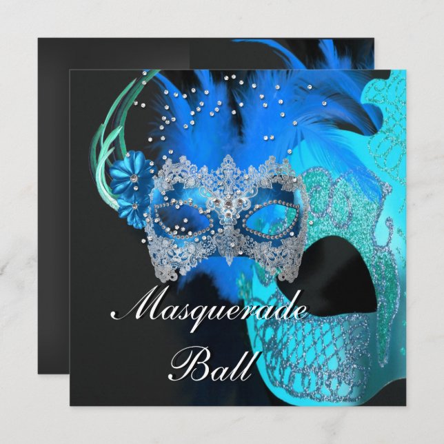 Convites Teal Blue Black Mask Mascarada Ball Party (Frente/Verso)