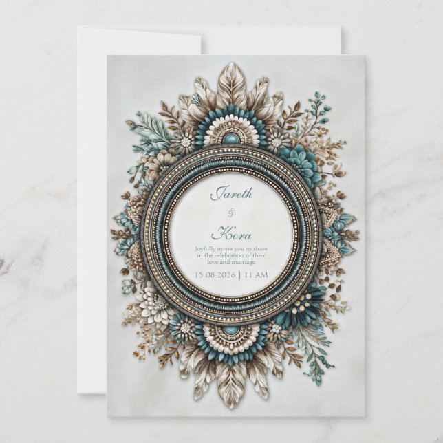 Convites Teal Blue Brown Feather Floral Rustic Wedding (Frente)