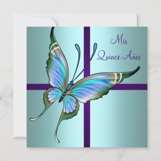 Convites Teal Blue Butterfly Quinceanera (Frente)