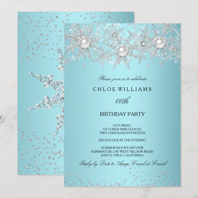 Convites Teal Blue Crystal Pearl Snowflaver Silver Winter (Frente/Verso)
