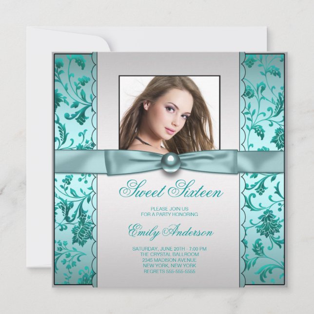 Convites Teal Blue Damask Foto Sweet Six Birthday (Frente)
