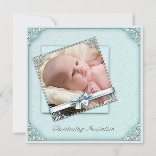 Convites Teal Blue Damask Girl Foto Christening (Frente)