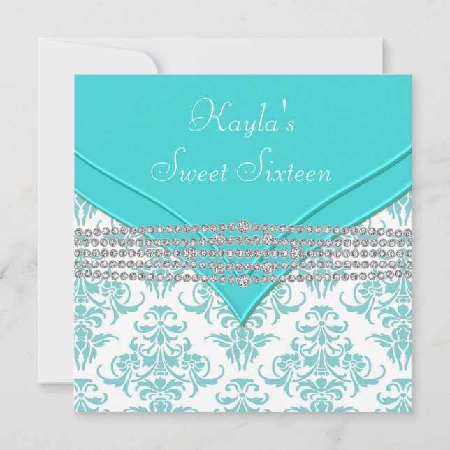 Convites Teal Blue Damask Sweet 16 Party (Frente)