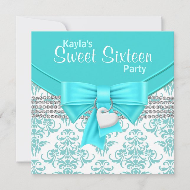 Convites Teal Blue Damask Sweet 16 Party (Frente)