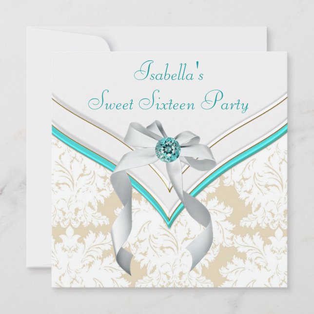 Convites Teal Blue Damask Sweet 16 Party (Frente)