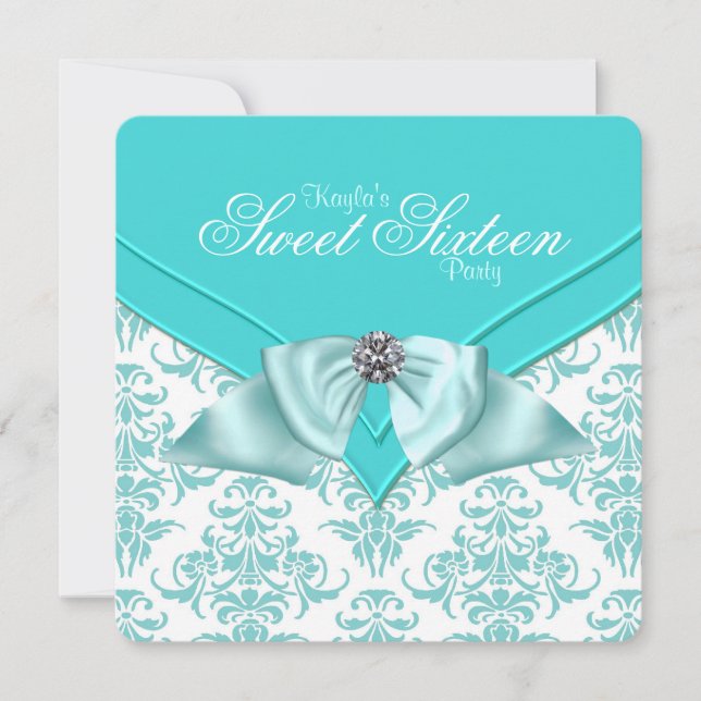 Convites Teal Blue Damask Sweet 16 Party (Frente)