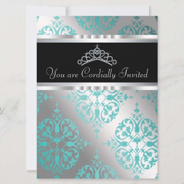 Convites Teal Blue Damask Tiara Teal Quinceanera (Frente)