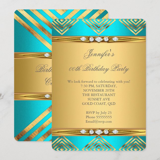 Convites Teal Blue Deco Strike Dourado Diamond Party (Frente/Verso)