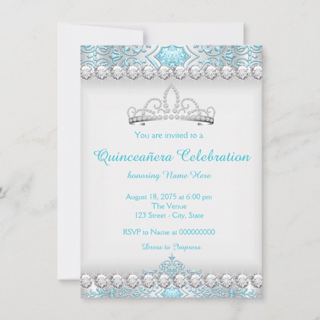 Convites Teal Blue Diamond Tiara Princess Quinceanera (Frente)