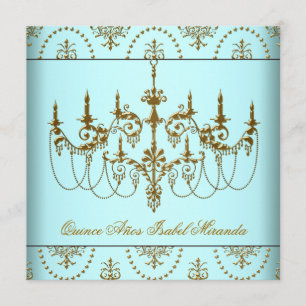 Convites Teal Blue Dourada Chandelier Quinceanera
