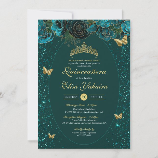Convites Teal Blue Dourado Borboleta de luxo Quinceanera (Frente)
