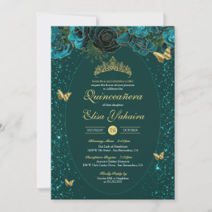 Convites Teal Blue Dourado Borboleta de luxo Quinceanera
