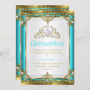 Convites Teal Blue Dourado Pérola Princesa Quinceanera