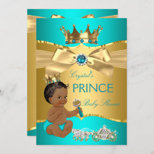 Convites Teal Blue Dourado Prince Chá de fraldas Étnica