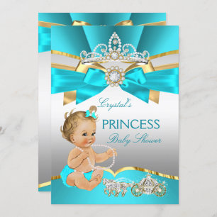Convites Teal Blue Dourado Princess Chá de fraldas Blona